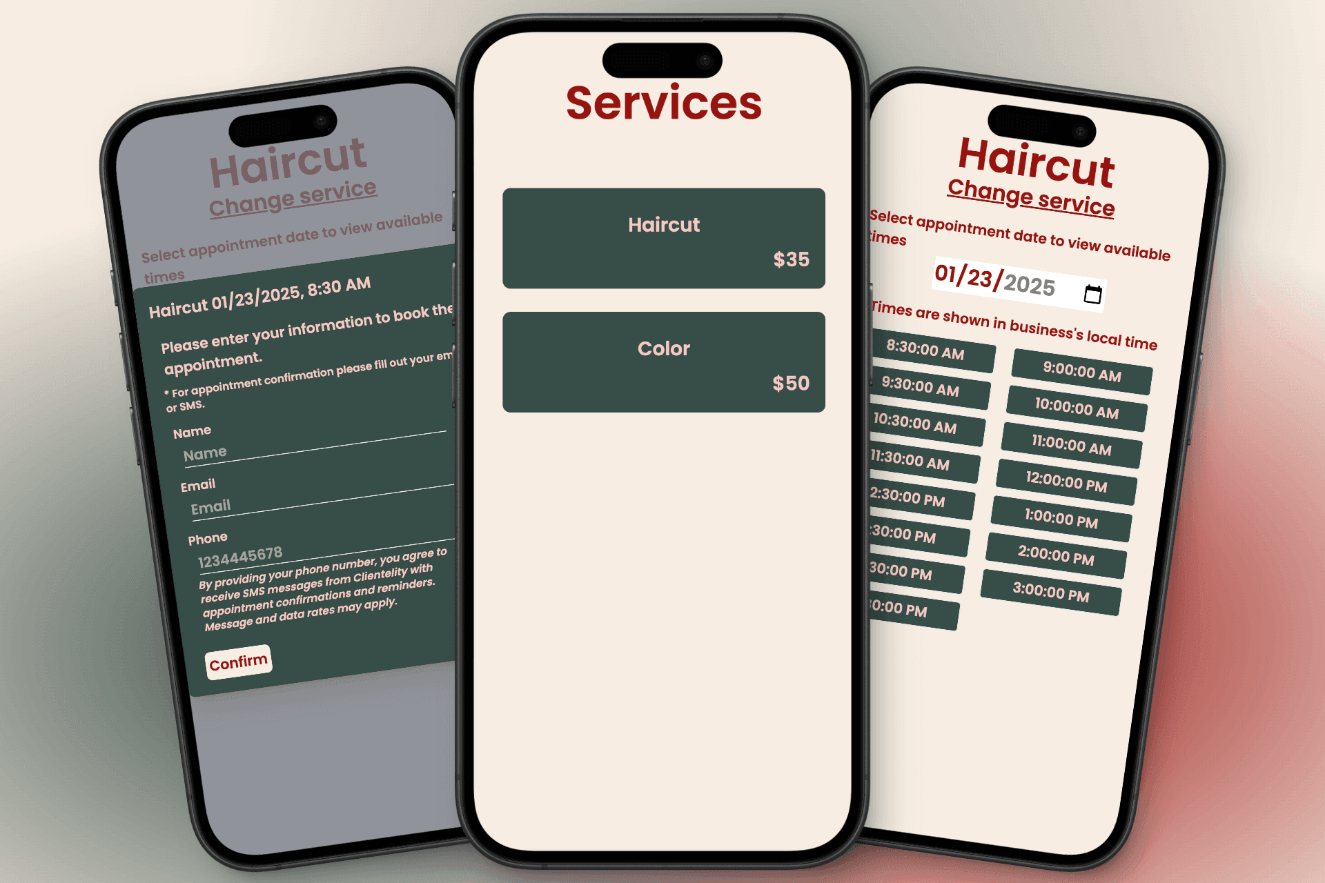 Mobile-friendly client booking interface showing available time slots, service selection, and appointment confirmation